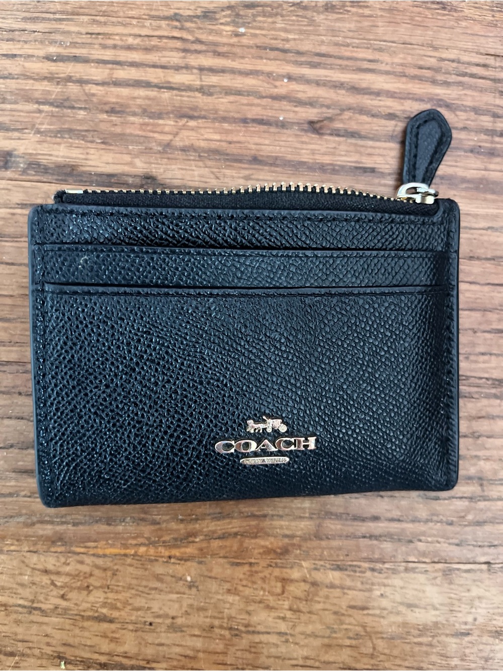 COACH Black Pebbled Leather Zip Card Wallet with Gold Logo